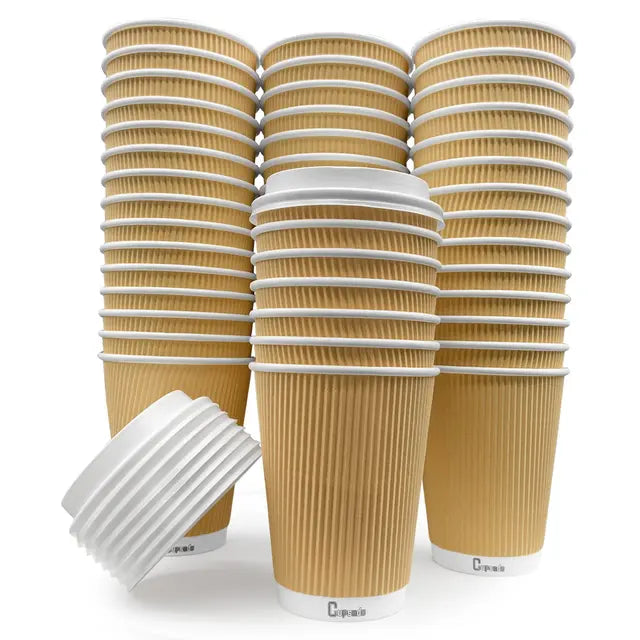 Cupsado - 50 x 8oz Cups + Lids - Ripple Wall Disposable Coffee Cups