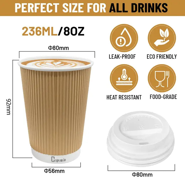 Cupsado - 50 x 8oz Cups + Lids - Ripple Wall Disposable Coffee Cups