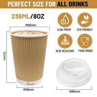 Cupsado - 50 x 8oz Cups + Lids - Ripple Wall Disposable Coffee Cups