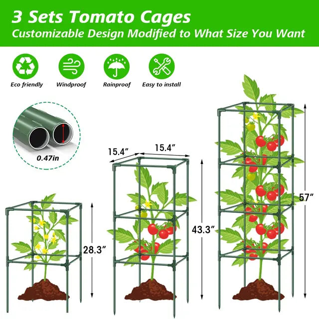 3Pack Tomato Cages for Garden, Square Plant Cage Support Heavy Duty Pole