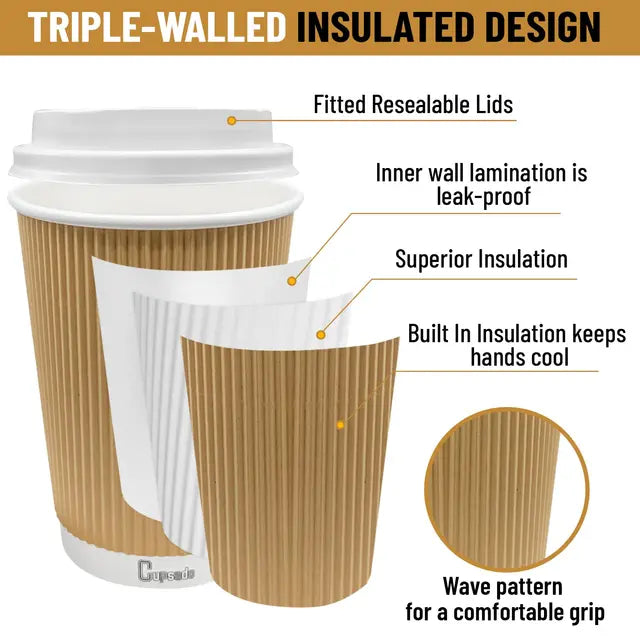 Cupsado - 50 x 8oz Cups + Lids - Ripple Wall Disposable Coffee Cups