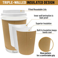 Cupsado - 50 x 8oz Cups + Lids - Ripple Wall Disposable Coffee Cups