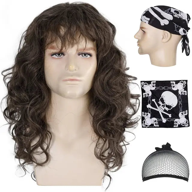 80s Mens Mullet Brown Curly Hair Wig Glam Metal Punk Rock Rocker Wig