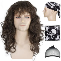 80s Mens Mullet Brown Curly Hair Wig Glam Metal Punk Rock Rocker Wig