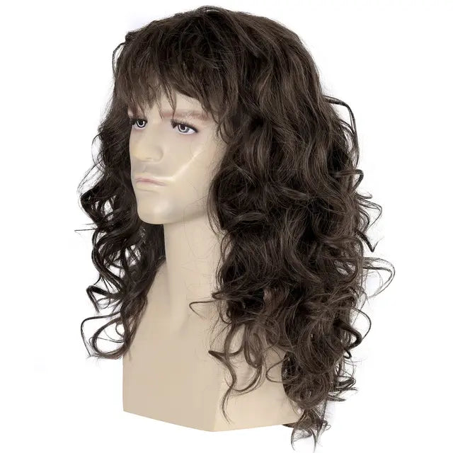 80s Mens Mullet Brown Curly Hair Wig Glam Metal Punk Rock Rocker Wig