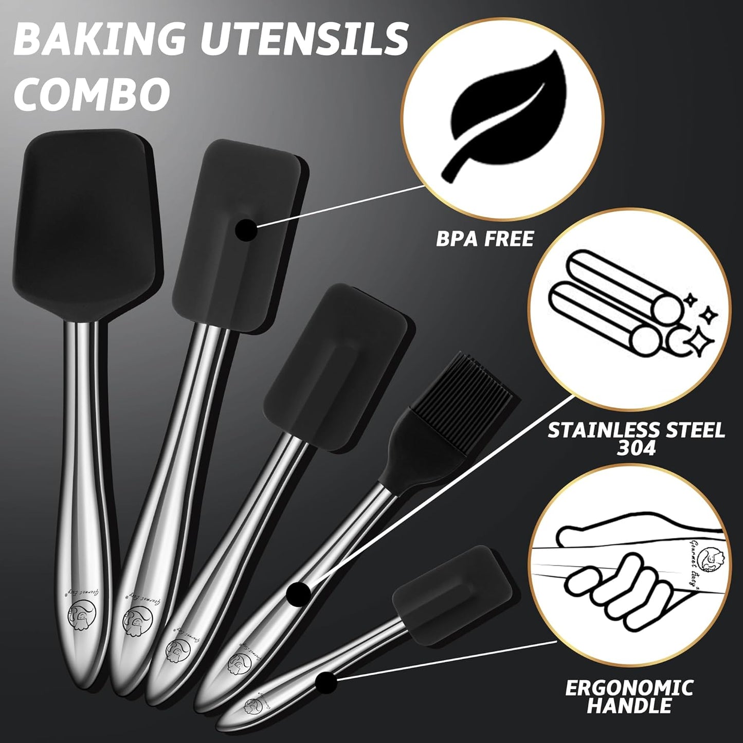 5pcs Kitchen Utensils Set Stainless Steel Handle - Silicone Spatula