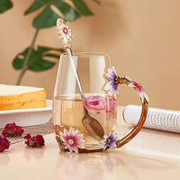 evecase Enamels Daisy Flower Tea Cup/ Mug with Spoon Set, Gifts for Women