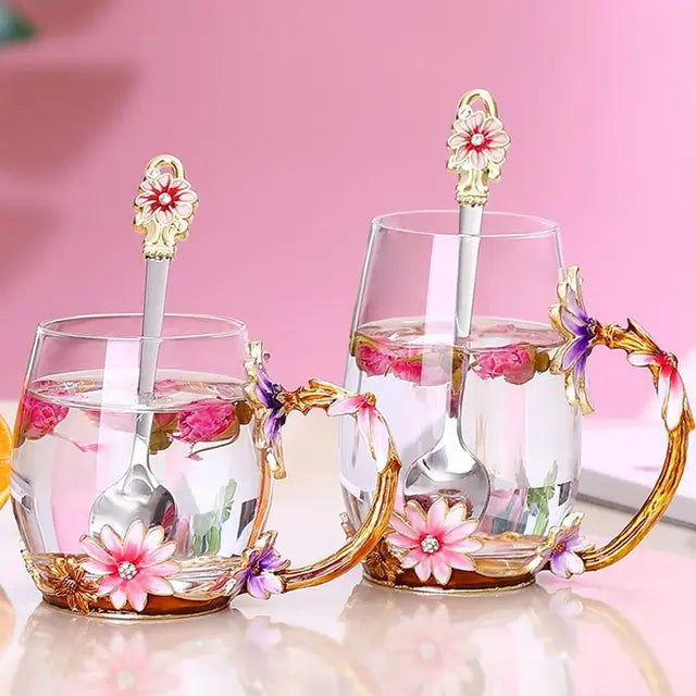 evecase Enamels Daisy Flower Tea Cup/ Mug with Spoon Set, Gifts for Women