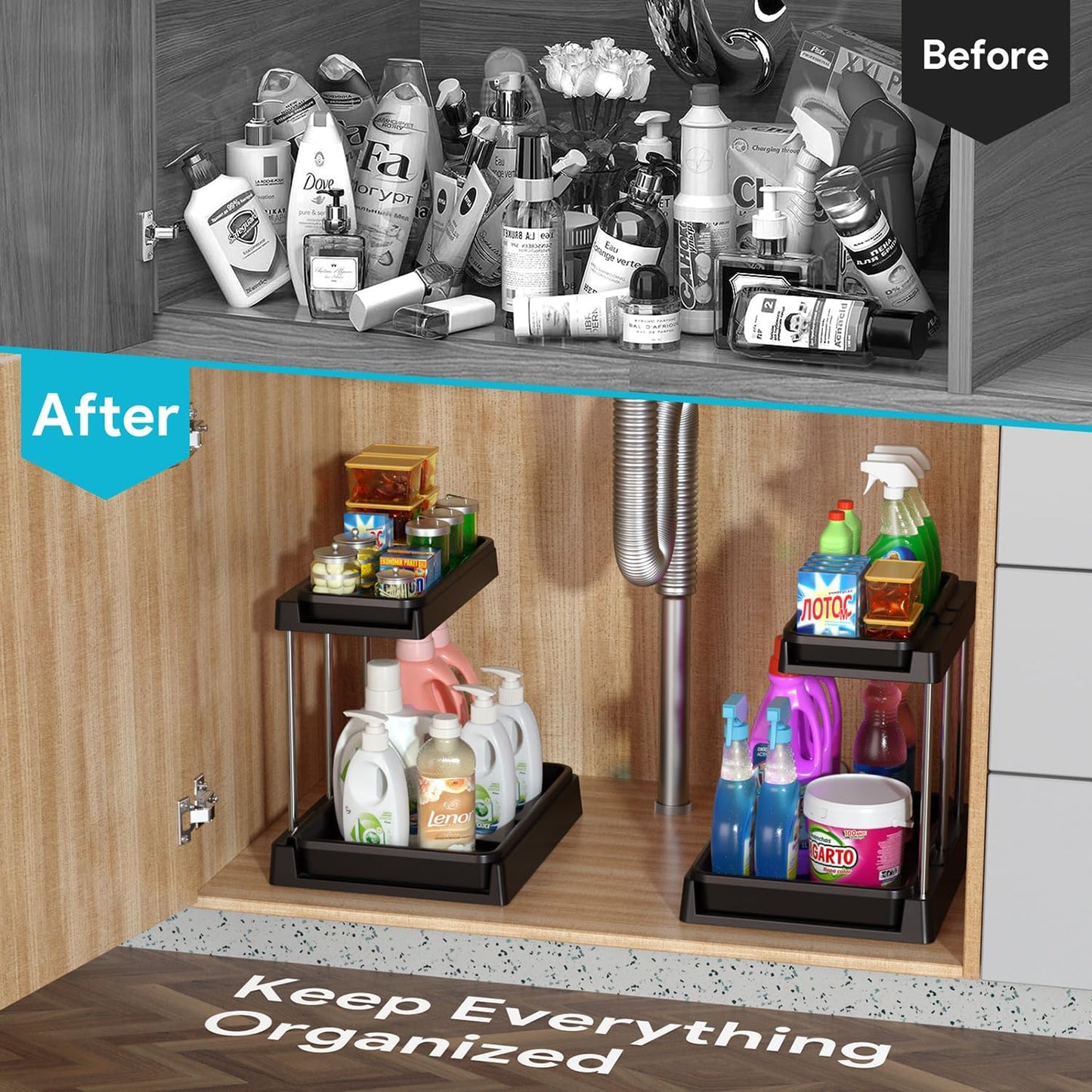 Under Sink Storage Shelf, 2 Tier Slide Kitchen Storage & Bathroom Cabinet